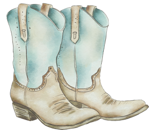 Blue and brown cowboy boots illustrated in a watercolor style
